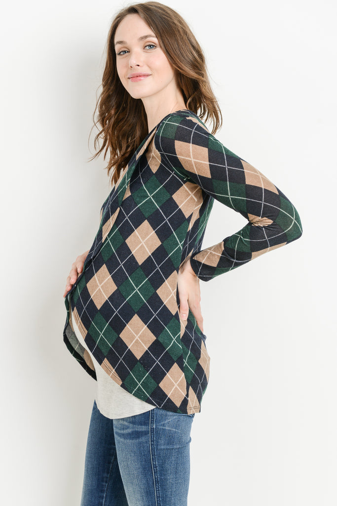 Navy Plaid Overlap Sweater Knit Maternity & Nursing Top
