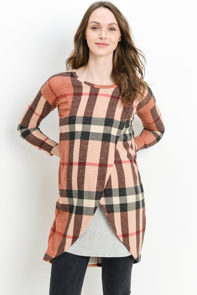 Peach/Grey Plaid Knit Maternity & Nursing Sweater Tunic