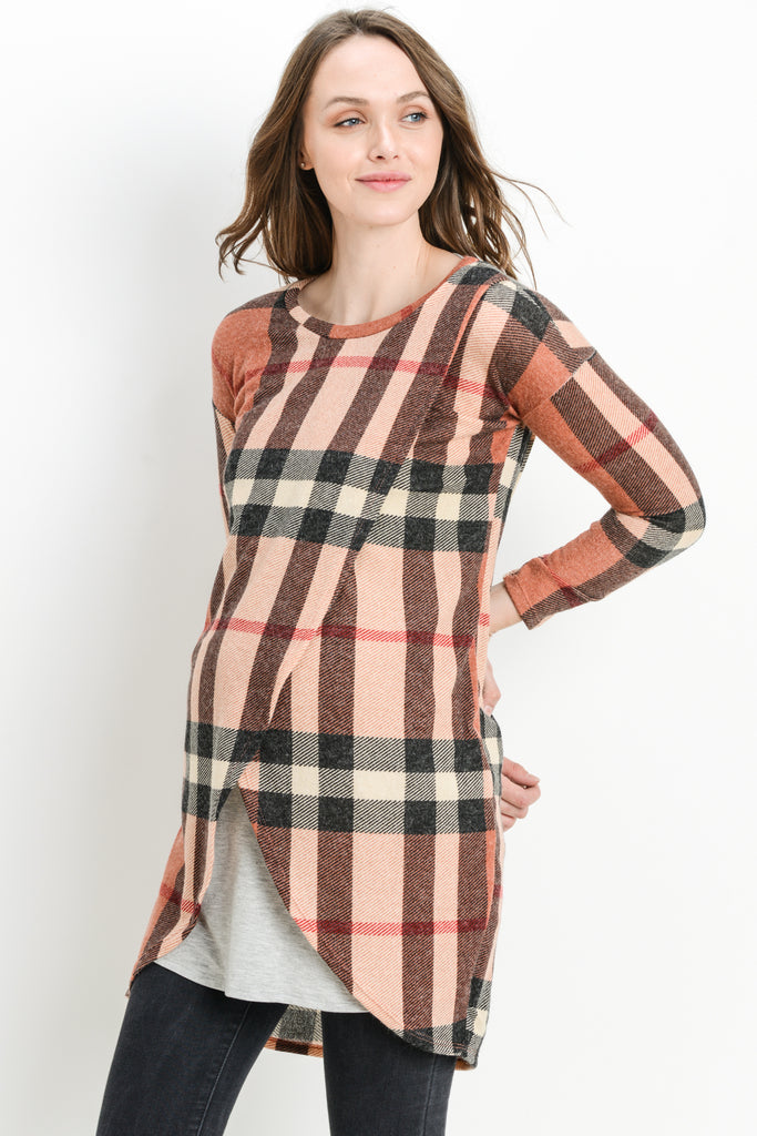 Peach/Grey Plaid Knit Maternity & Nursing Sweater Tunic