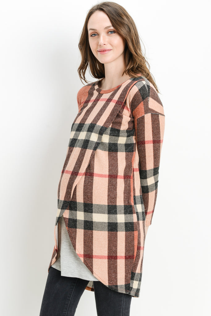 Peach/Grey Plaid Knit Maternity & Nursing Sweater Tunic