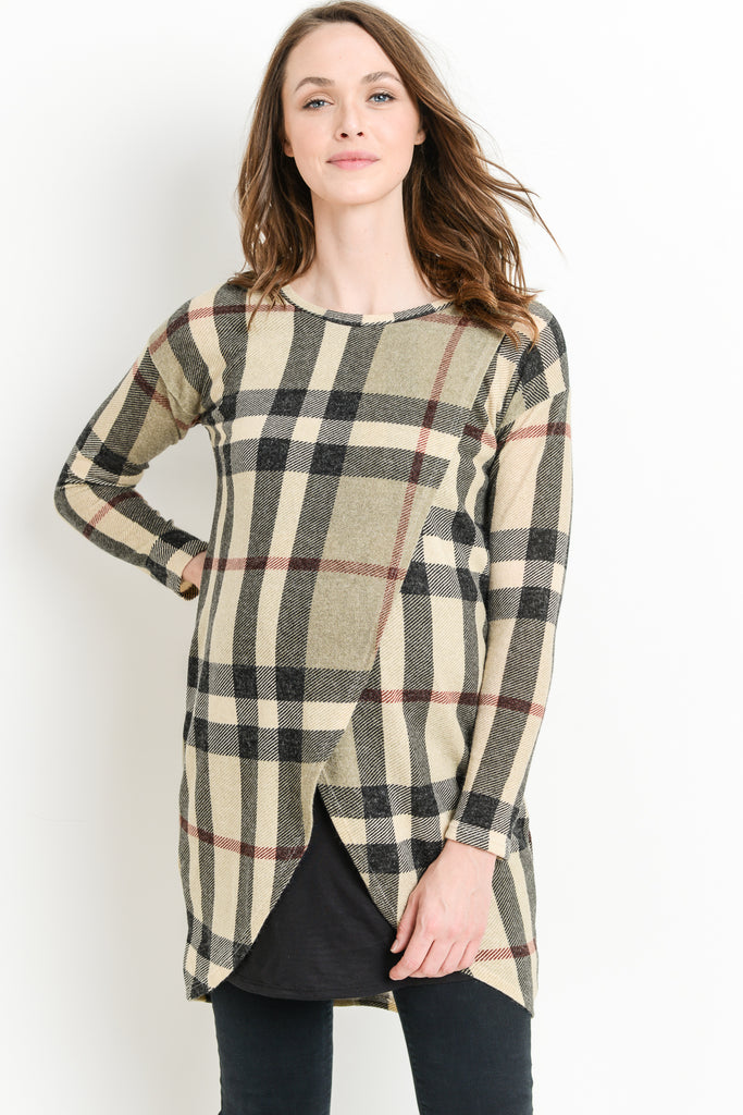 Mocha/Black Plaid Knit Maternity & Nursing Sweater Tunic