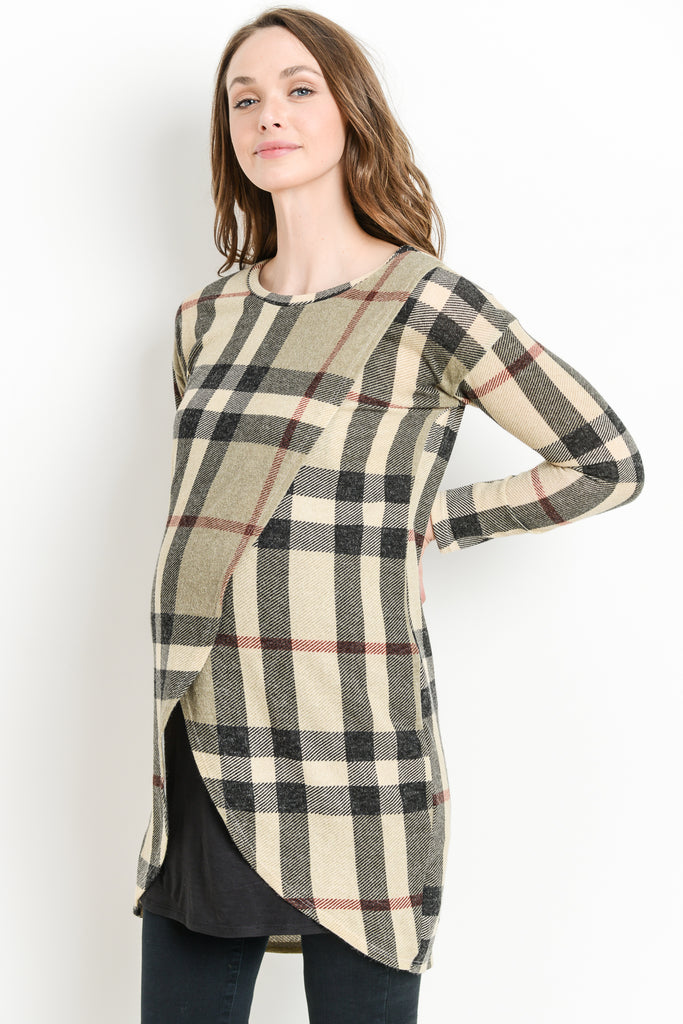 Mocha/Black Plaid Knit Maternity & Nursing Sweater Tunic