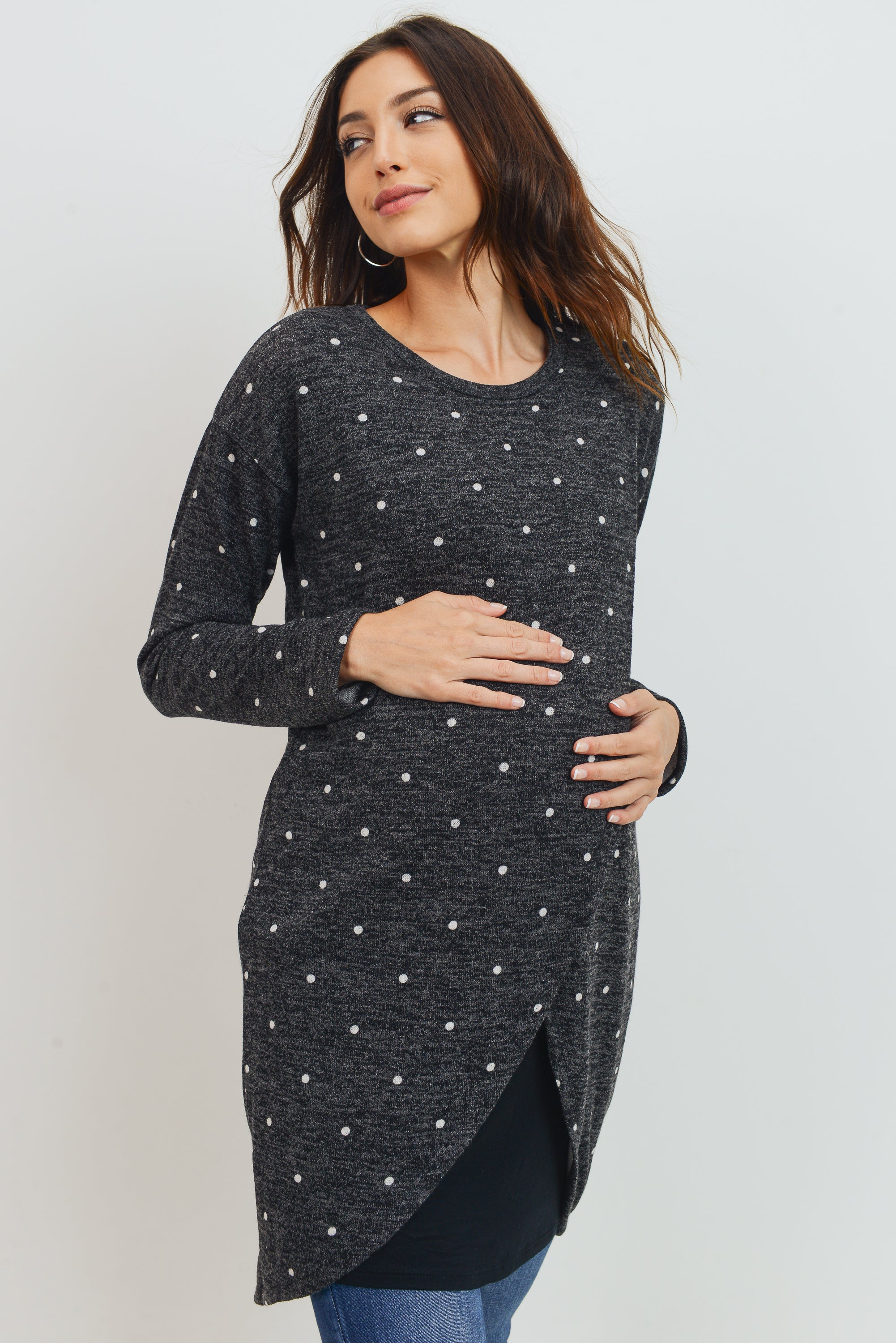 Charcoal Polka Dot Sweater Knit Maternity/Nursing Dress