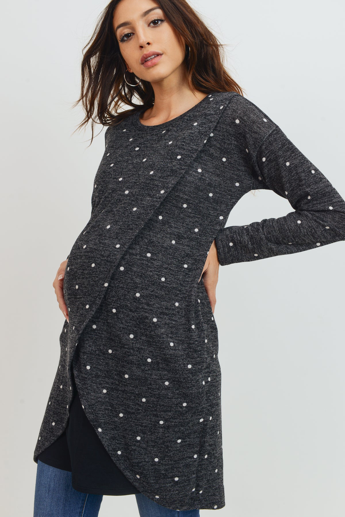 Charcoal Polka Dot Sweater Knit Maternity/Nursing Dress