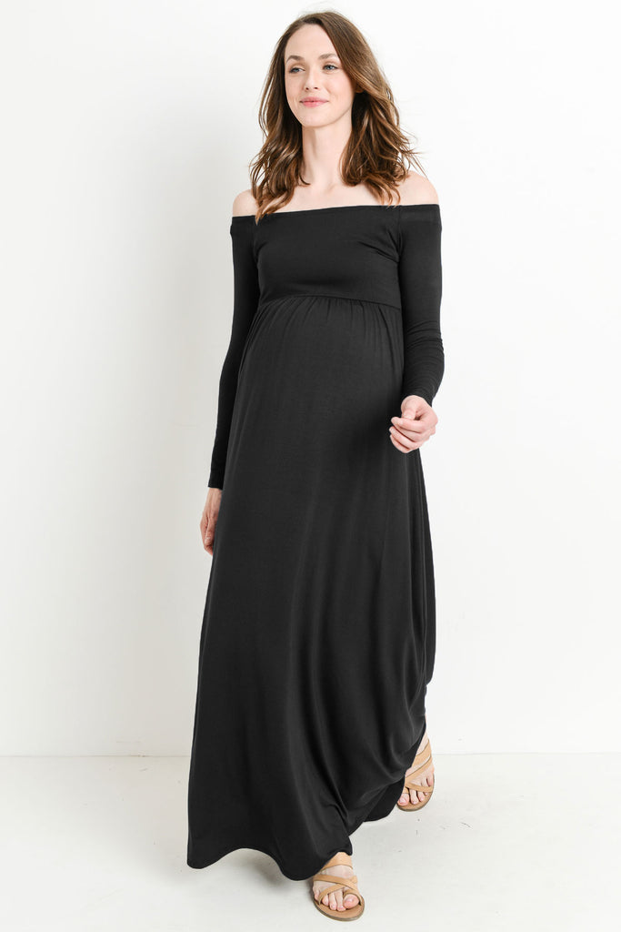 Black Off Shoulder Long Sleeve Maternity Maxi Dress