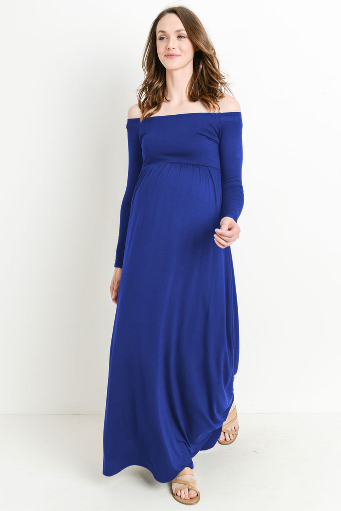 Royal Blue Off Shoulder Long Sleeve Maternity Maxi Dress