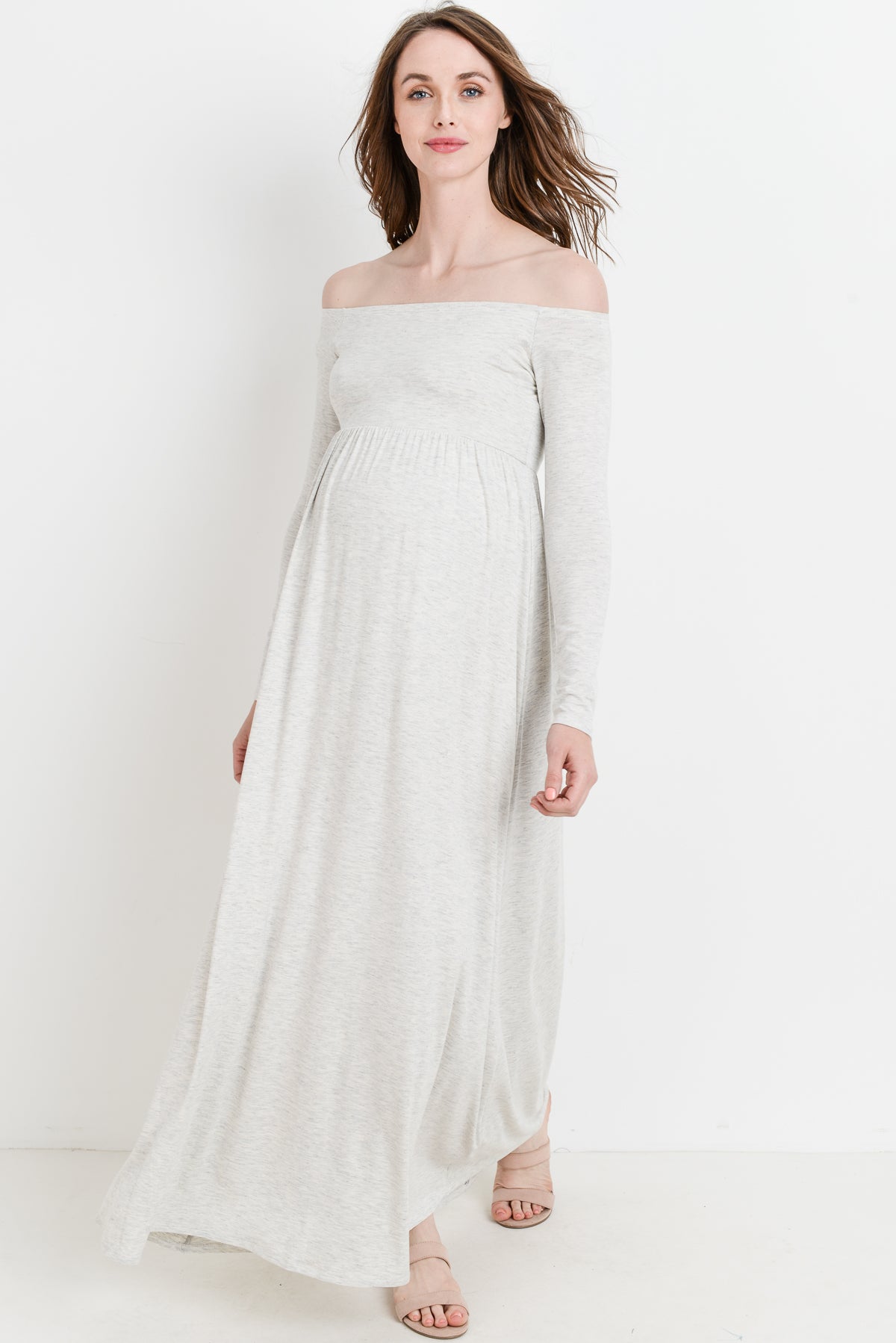 Light Grey Off Shoulder Long Sleeve Maternity Maxi Dress