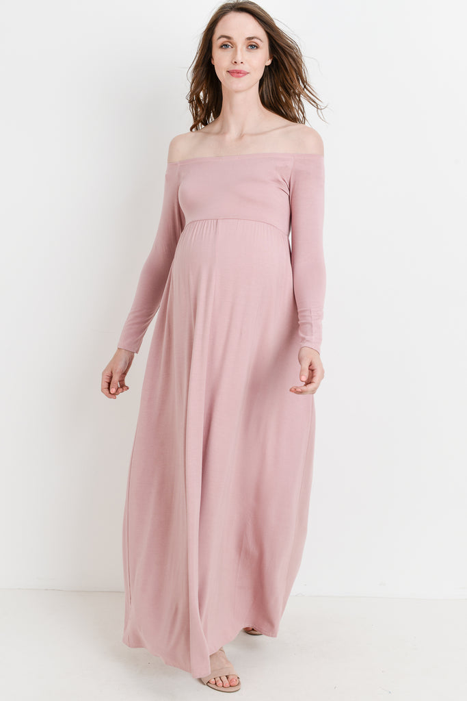 Mauve Off Shoulder Long Sleeve Maternity Maxi Dress