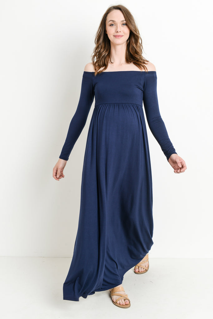 Navy Off Shoulder Long Sleeve Maternity Maxi Dress