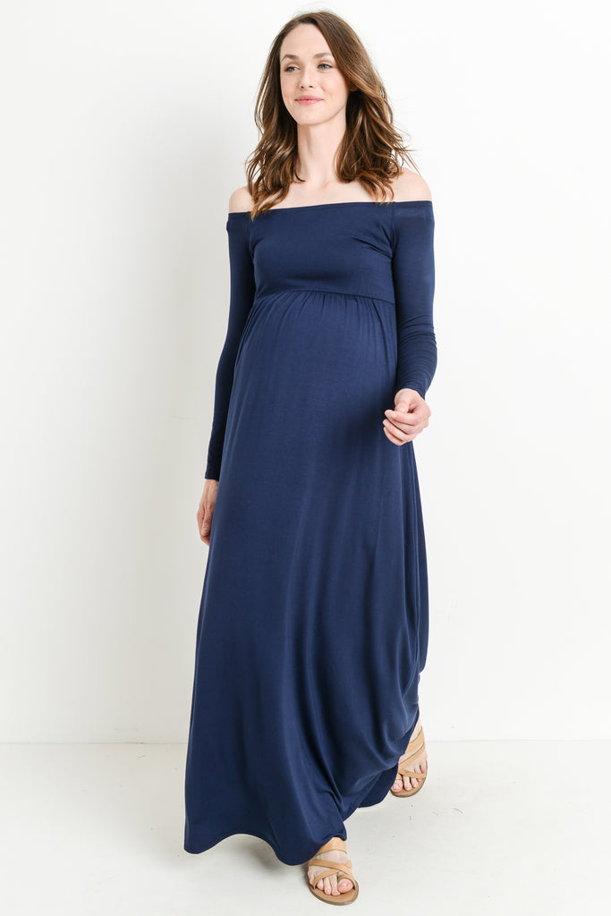 Navy Off Shoulder Long Sleeve Maternity Maxi Dress