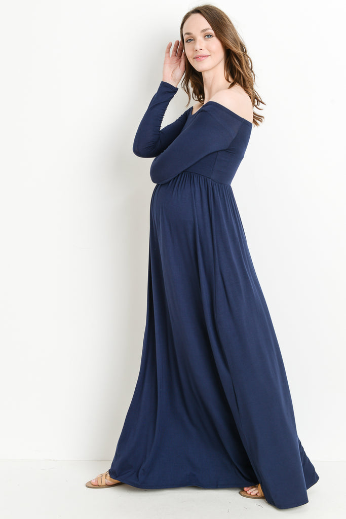 Navy Off Shoulder Long Sleeve Maternity Maxi Dress