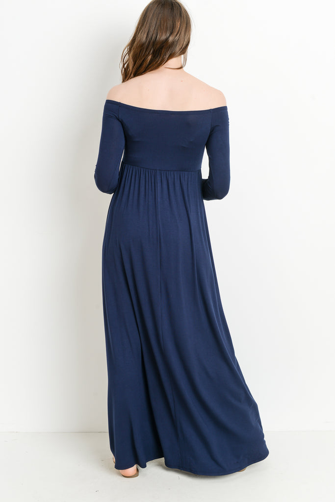 Navy Off Shoulder Long Sleeve Maternity Maxi Dress