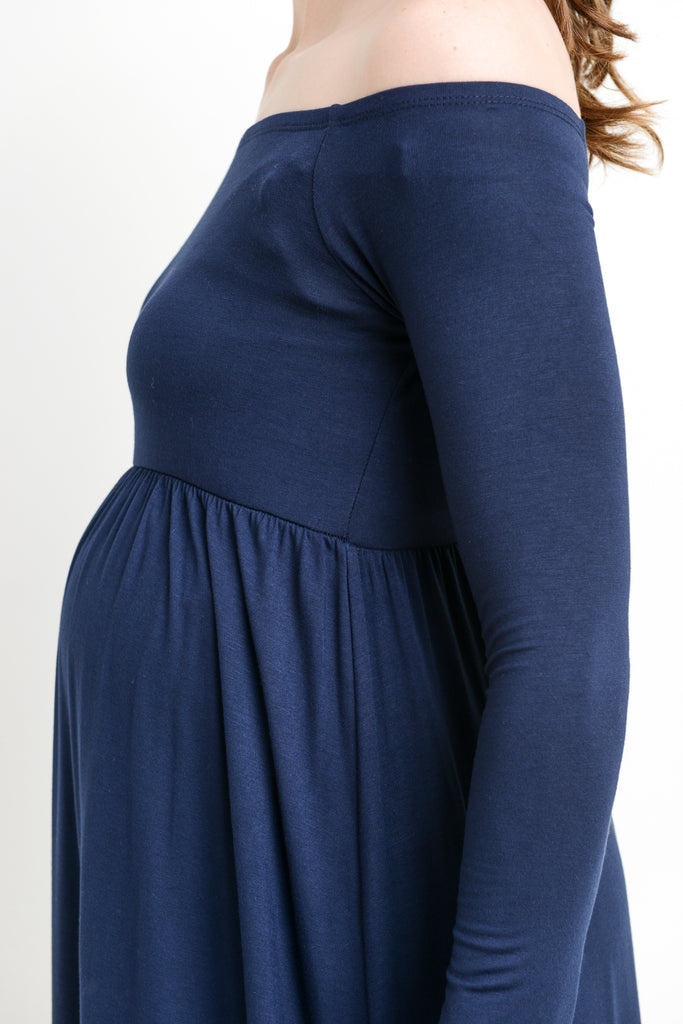 Navy Off Shoulder Long Sleeve Maternity Maxi Dress