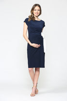 Navy Boat Neck Side Tie Maternity Dress