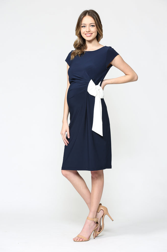 Navy Boat Neck Side Tie Maternity Dress
