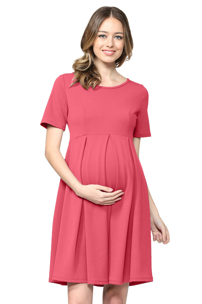Hot Pink Pleat Round Neck Maternity Swing Dress