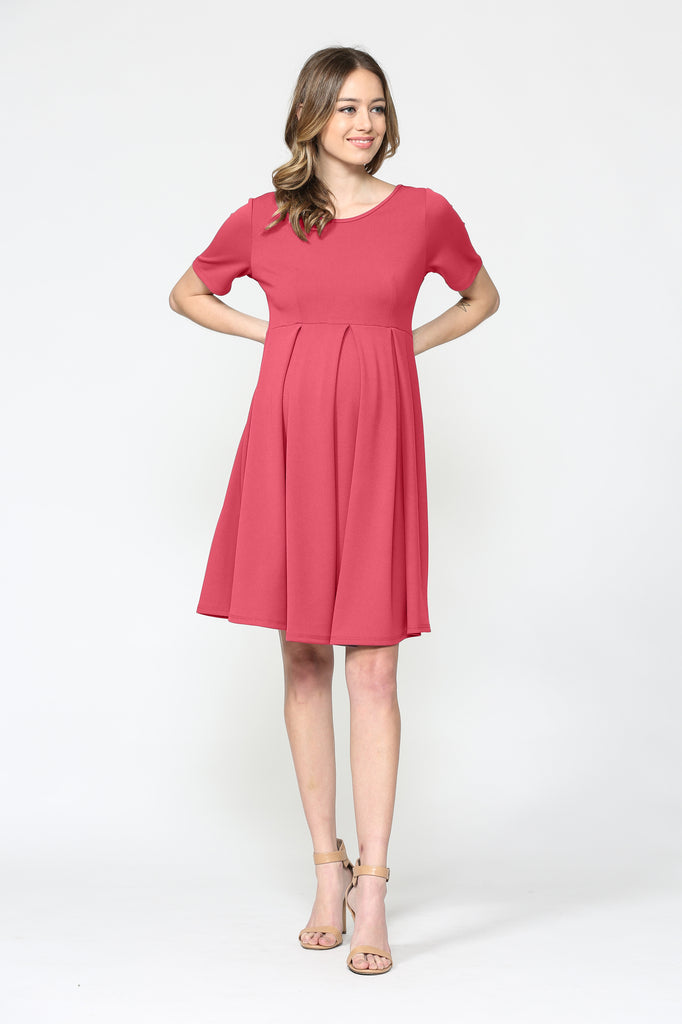 Hot Pink Pleat Round Neck Maternity Swing Dress