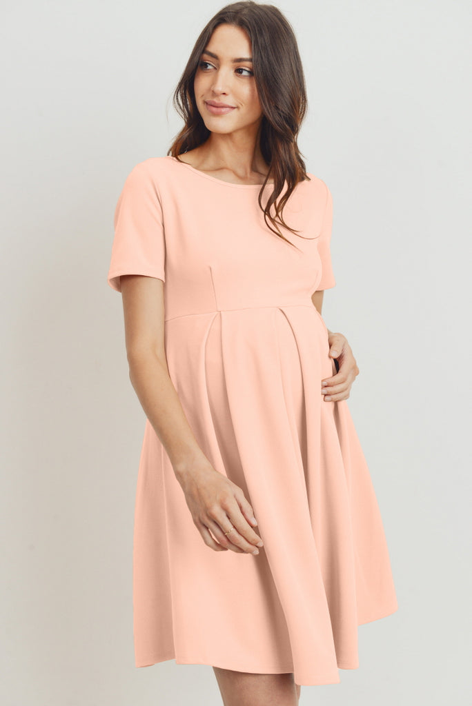 Blush Front Pleat Round Neck Maternity Swing Dress