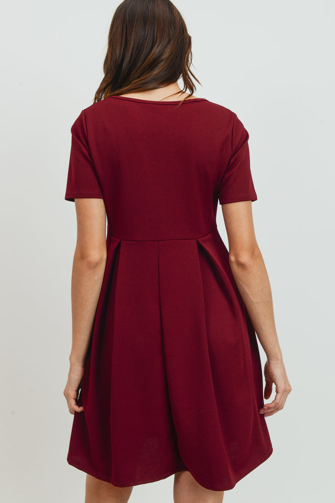 Burgundy Front Pleat Round Neck Maternity Swing Dress