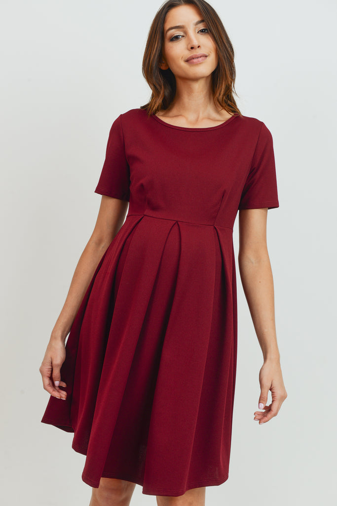 Burgundy Front Pleat Round Neck Maternity Swing Dress