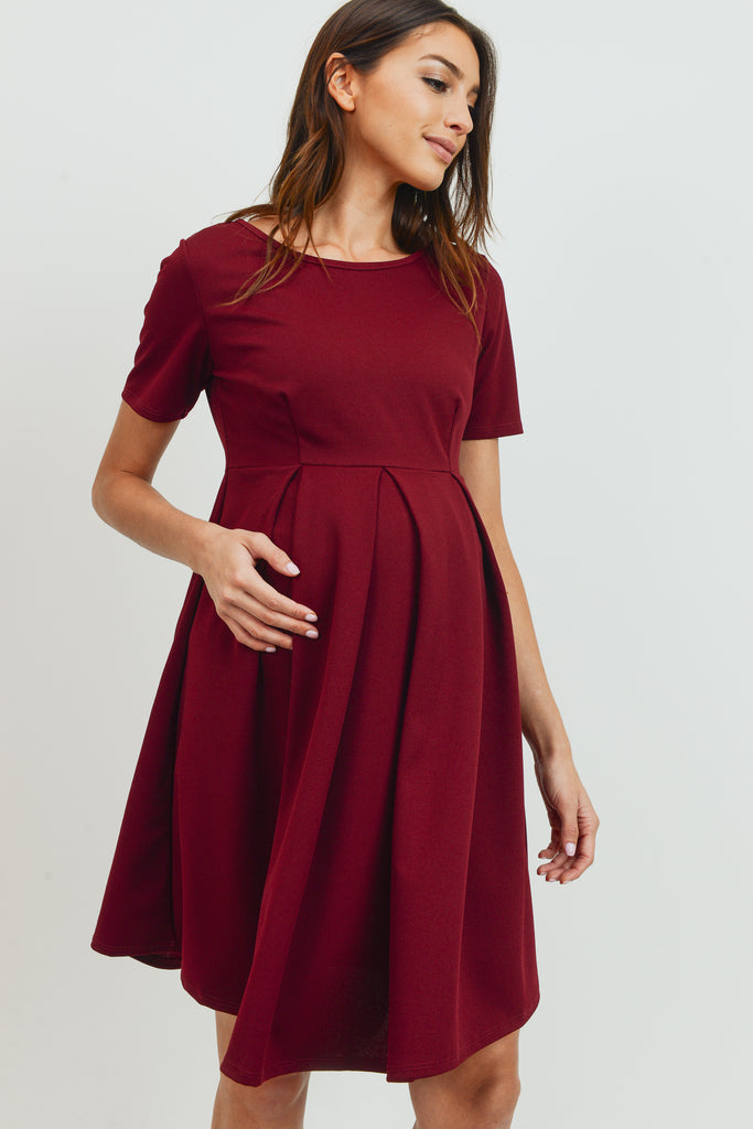 Burgundy Front Pleat Round Neck Maternity Swing Dress