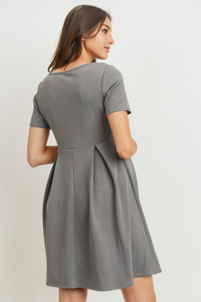 Dark Grey Front Pleat Round Neck Maternity Swing Dress