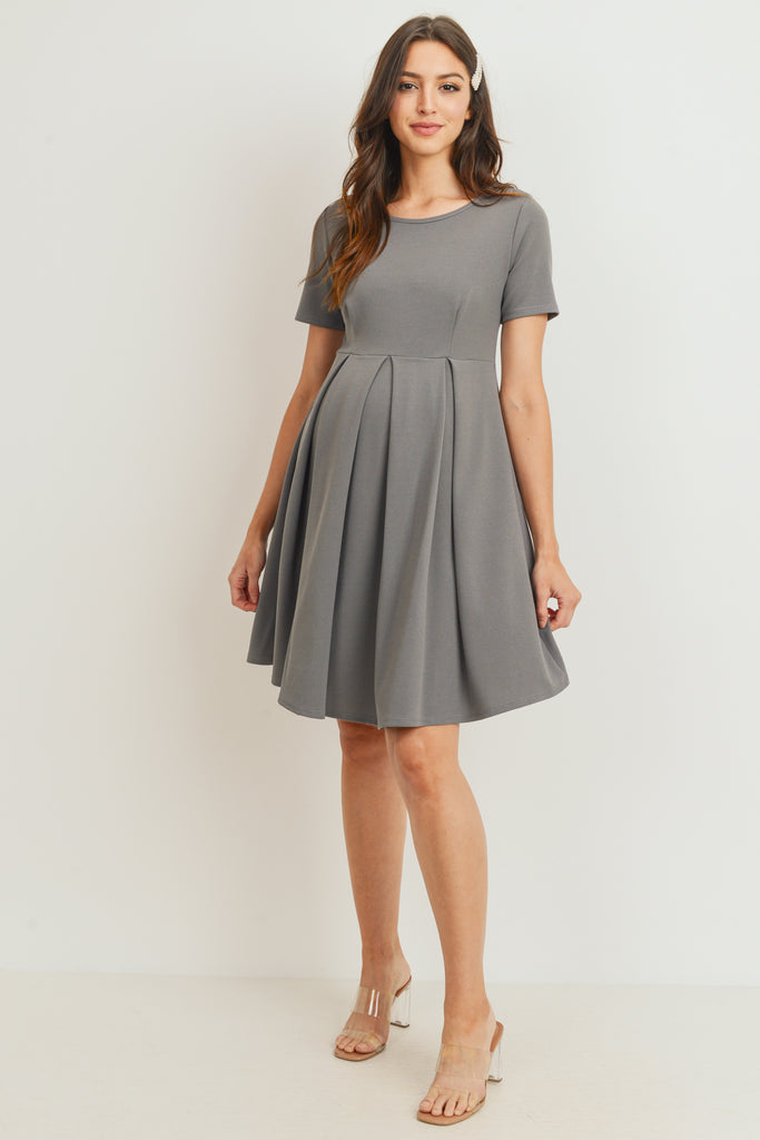 Dark Grey Front Pleat Round Neck Maternity Swing Dress