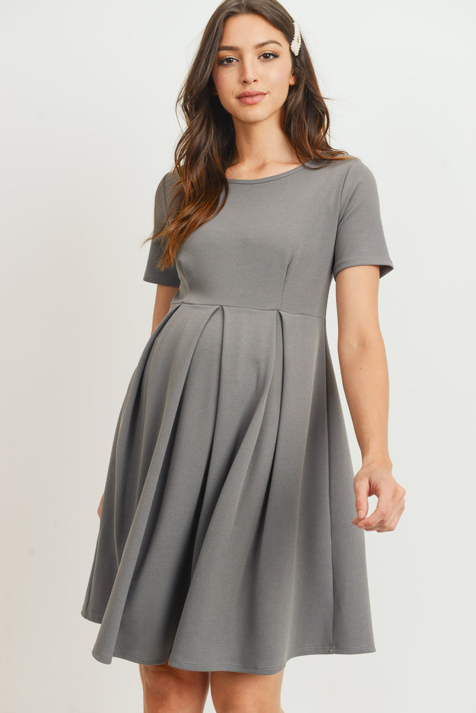 Dark Grey Front Pleat Round Neck Maternity Swing Dress