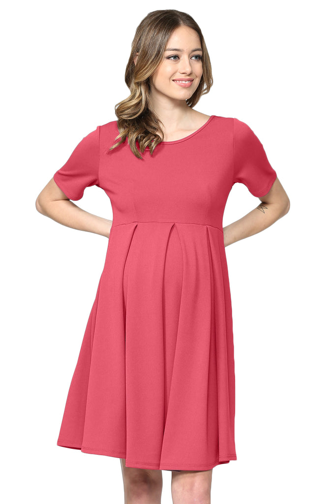 Hot Pink Pleat Round Neck Maternity Swing Dress