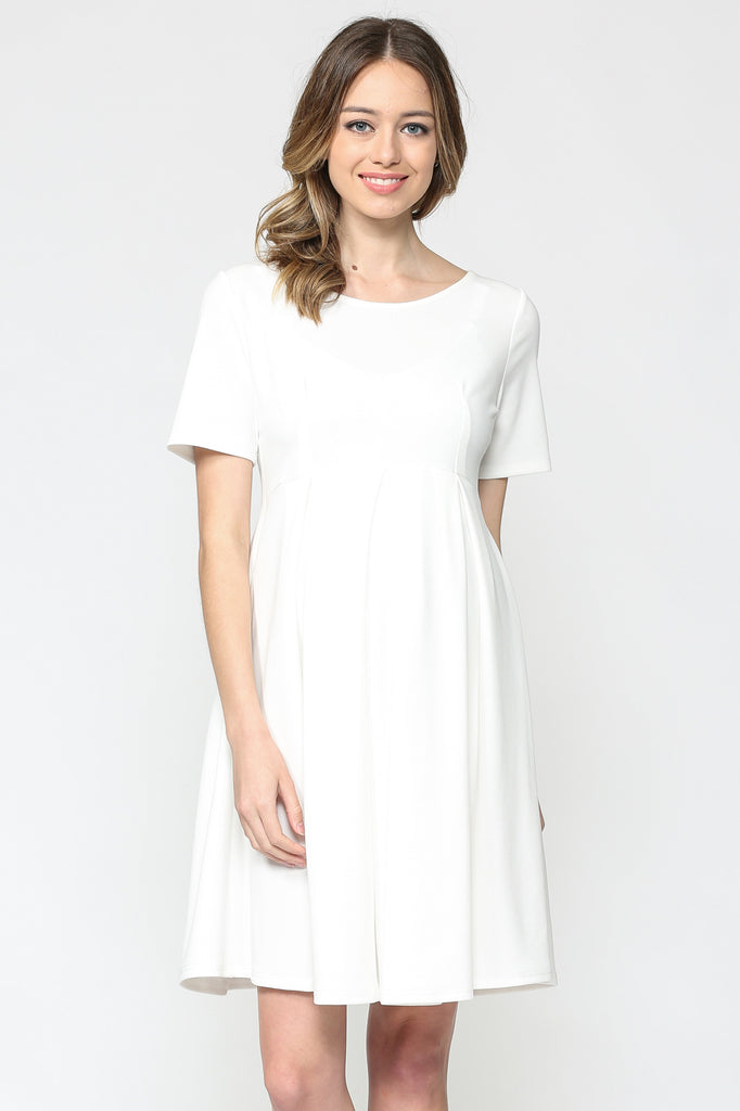 Ivory Front Pleat Round Neck Maternity Swing Dress