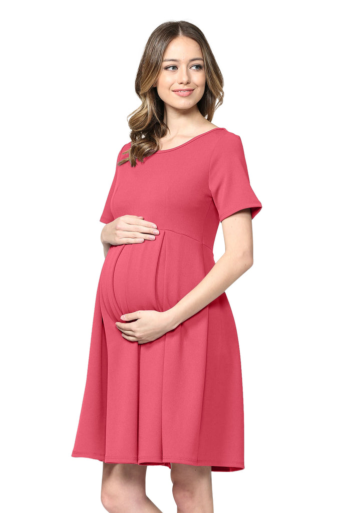 Hot Pink Pleat Round Neck Maternity Swing Dress