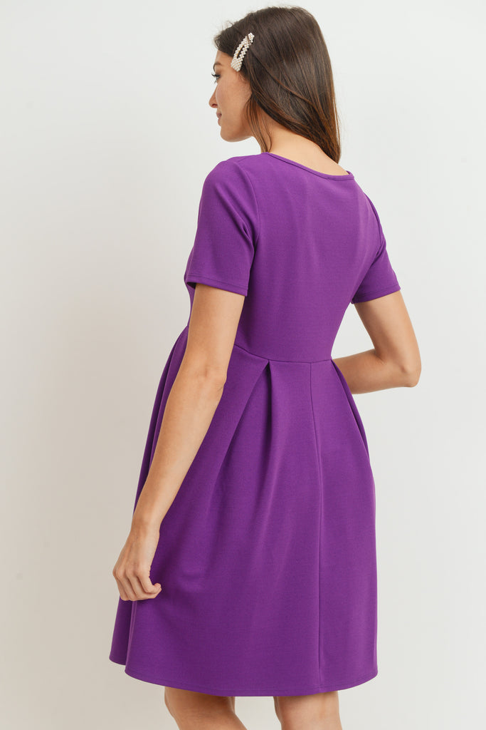 Purple Pleat Round Neck Maternity Swing Dress