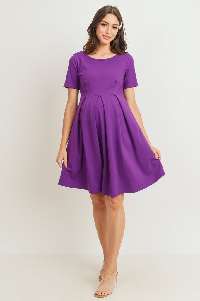 Purple Pleat Round Neck Maternity Swing Dress