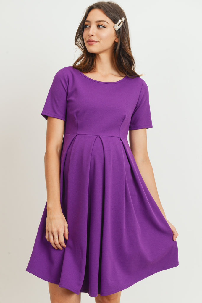 Purple Pleat Round Neck Maternity Swing Dress