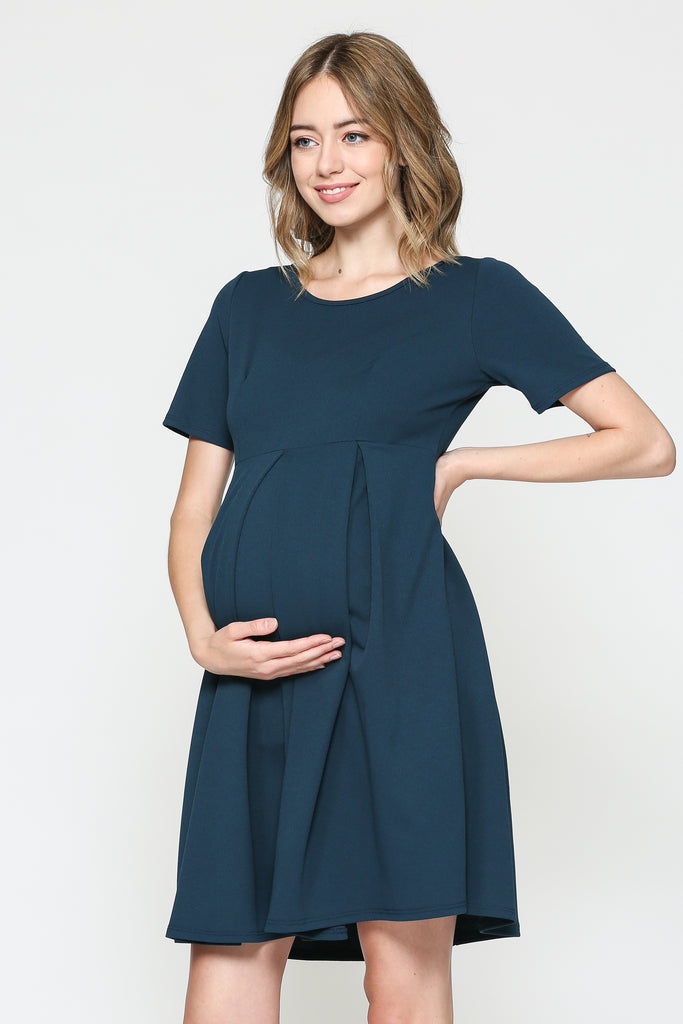 Teal Pleat Round Neck Maternity Swing Dress