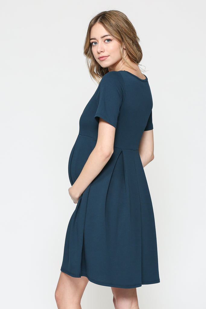 Teal Pleat Round Neck Maternity Swing Dress