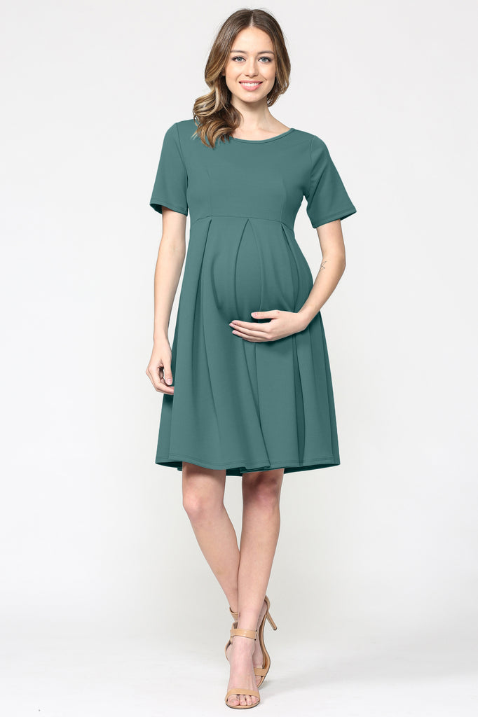 Turquoise Pleat Round Neck Maternity Swing Dress