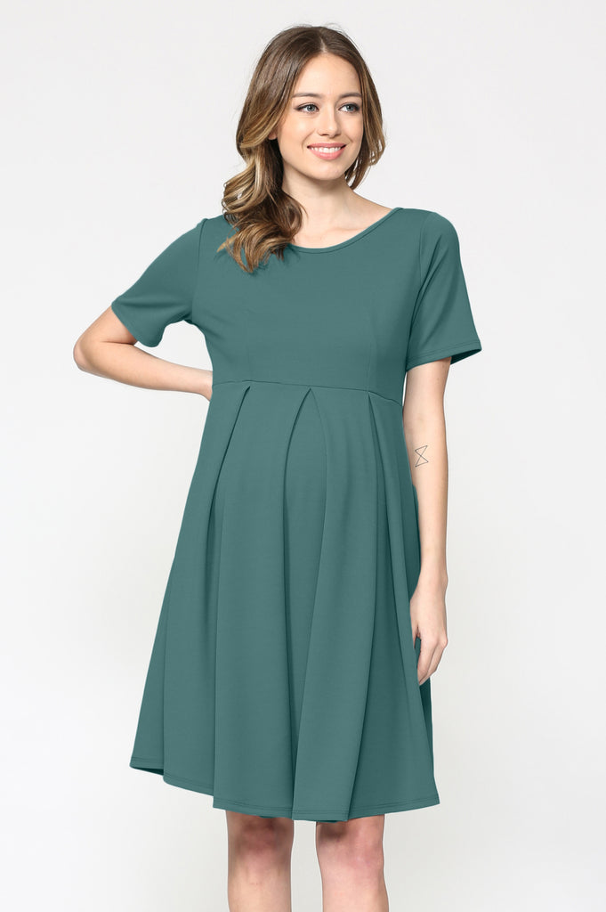 Turquoise Pleat Round Neck Maternity Swing Dress