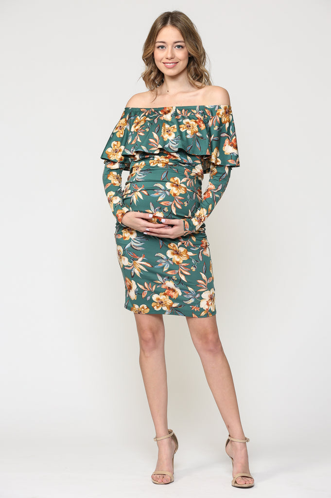 Green Floral Off The Shoulder Ruffle Maternity Dress With Ruched Sides