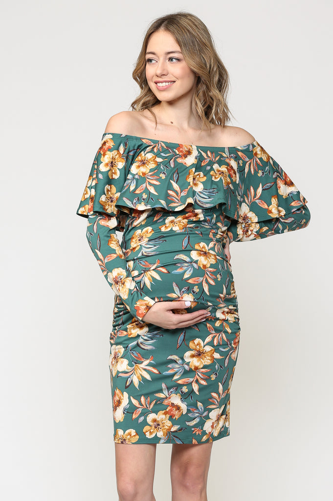 Green Floral Off The Shoulder Ruffle Maternity Dress With Ruched Sides