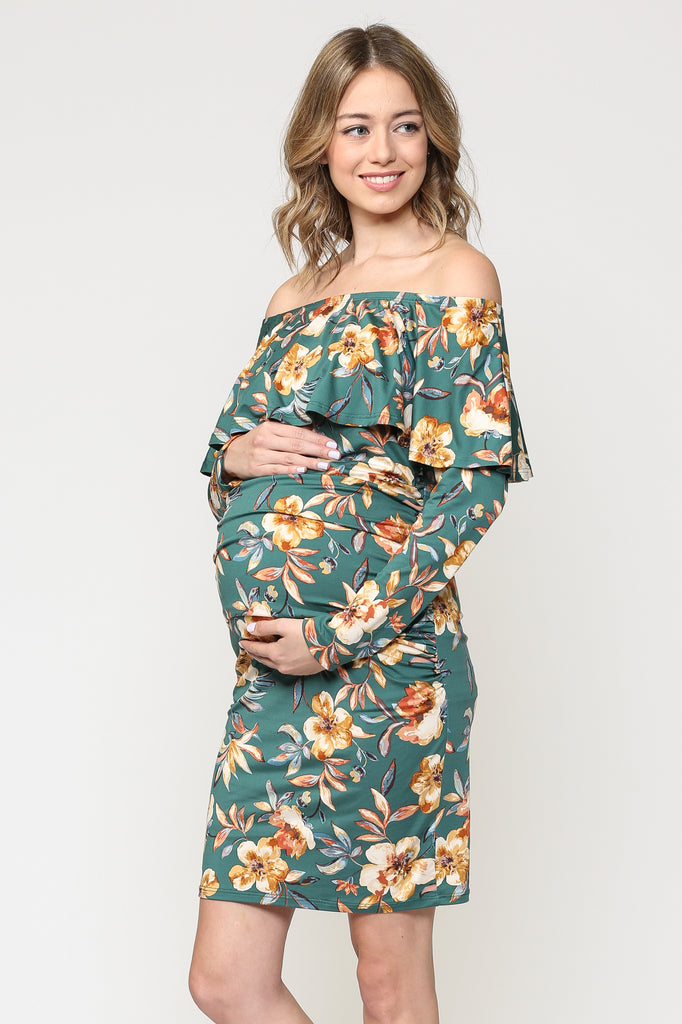 Green Floral Off The Shoulder Ruffle Maternity Dress With Ruched Sides