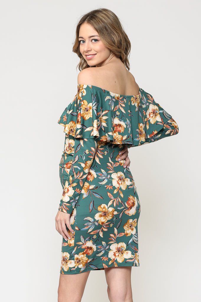 Green Floral Off The Shoulder Ruffle Maternity Dress With Ruched Sides