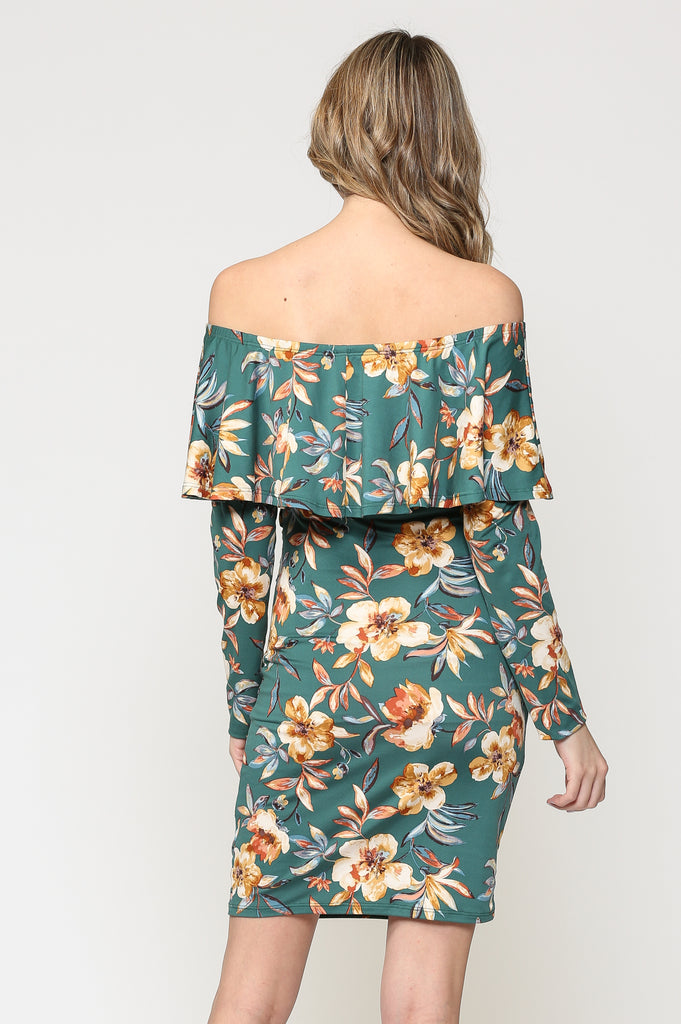 Green Floral Off The Shoulder Ruffle Maternity Dress With Ruched Sides