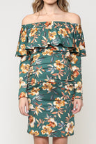 Green Floral Off The Shoulder Ruffle Maternity Dress With Ruched Sides