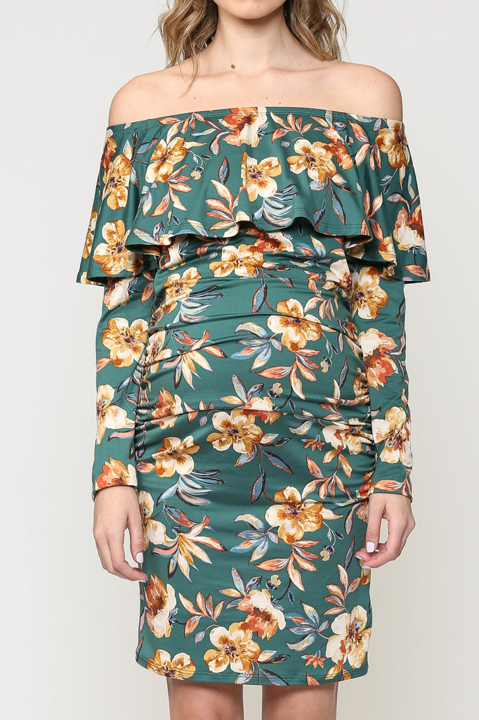 Green Floral Off The Shoulder Ruffle Maternity Dress With Ruched Sides