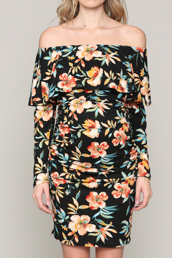 Black Floral Off The Shoulder Ruffle Maternity Dress With Ruched Sides