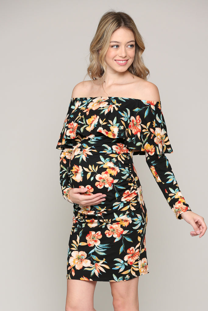 Black Floral Off The Shoulder Ruffle Maternity Dress With Ruched Sides