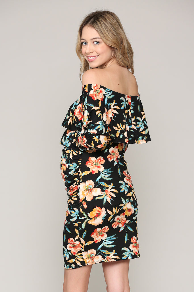 Black Floral Off The Shoulder Ruffle Maternity Dress With Ruched Sides