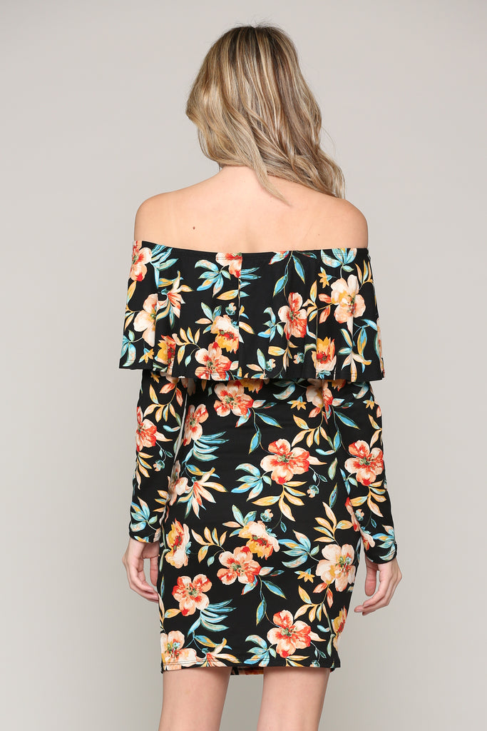 Black Floral Off The Shoulder Ruffle Maternity Dress With Ruched Sides