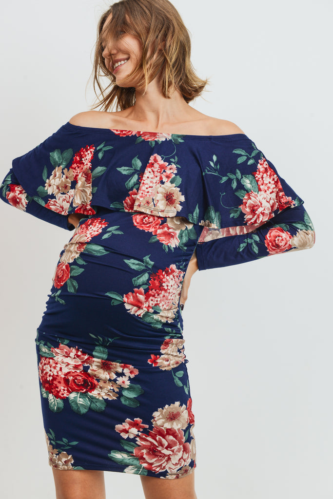 Navy Floral Long Sleeve Off Shoulder Maternity Dress Navy Color